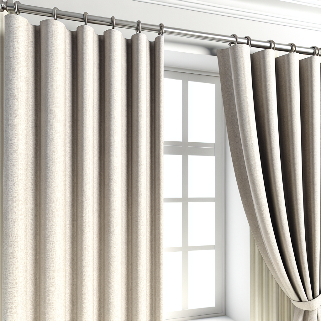 Rideau beige clair en tissu épais avec plis réguliers, suspendu à une tringle métallique dans une pièce lumineuse avec fenêtre blanche.