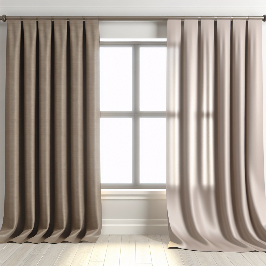 Rideau en tissu épais marron et beige, plis droits, tringle métallique, devant fenêtre, sol en bois clair, lumière naturelle douce.