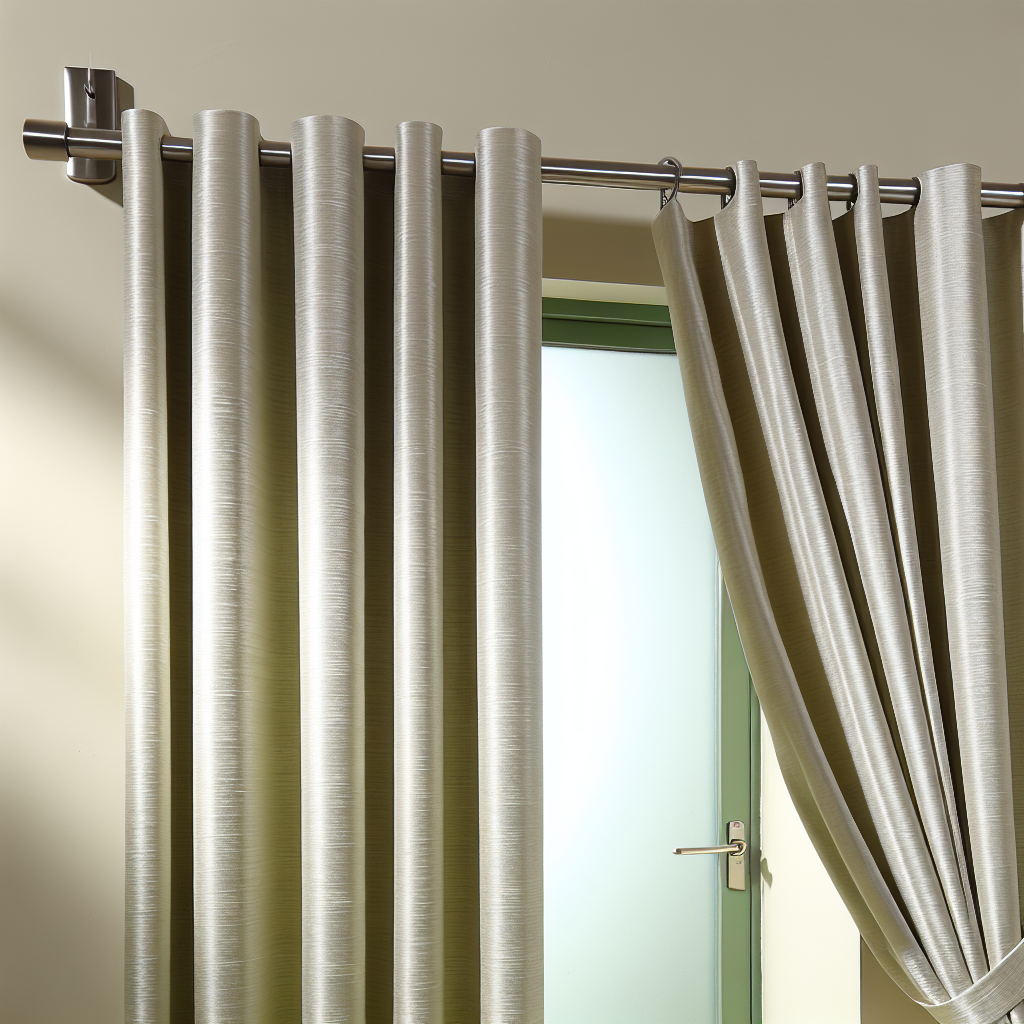 Rideau en tissu beige clair avec texture lisse, plis ondulés, tringle métallique, devant une porte vitrée dans un intérieur neutre.