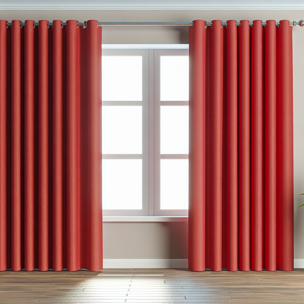 Rideau rouge uni en tissu épais avec plis réguliers, suspendu à une tringle métallique dans une pièce aux murs beige clair et sol en bois.