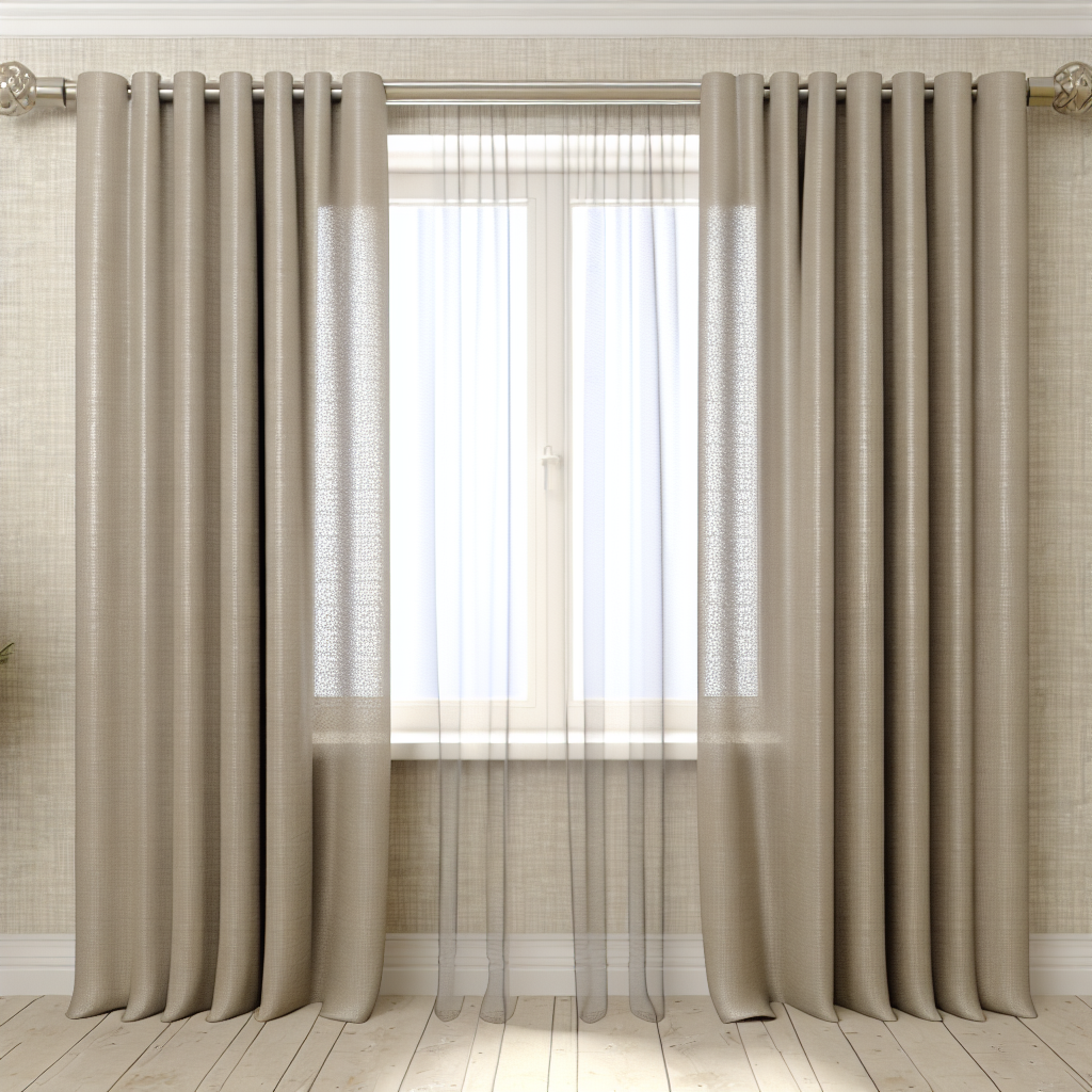 Rideau beige en tissu épais avec plis réguliers, tringle métallique argentée, voilage blanc, dans une pièce aux murs et sol clairs.