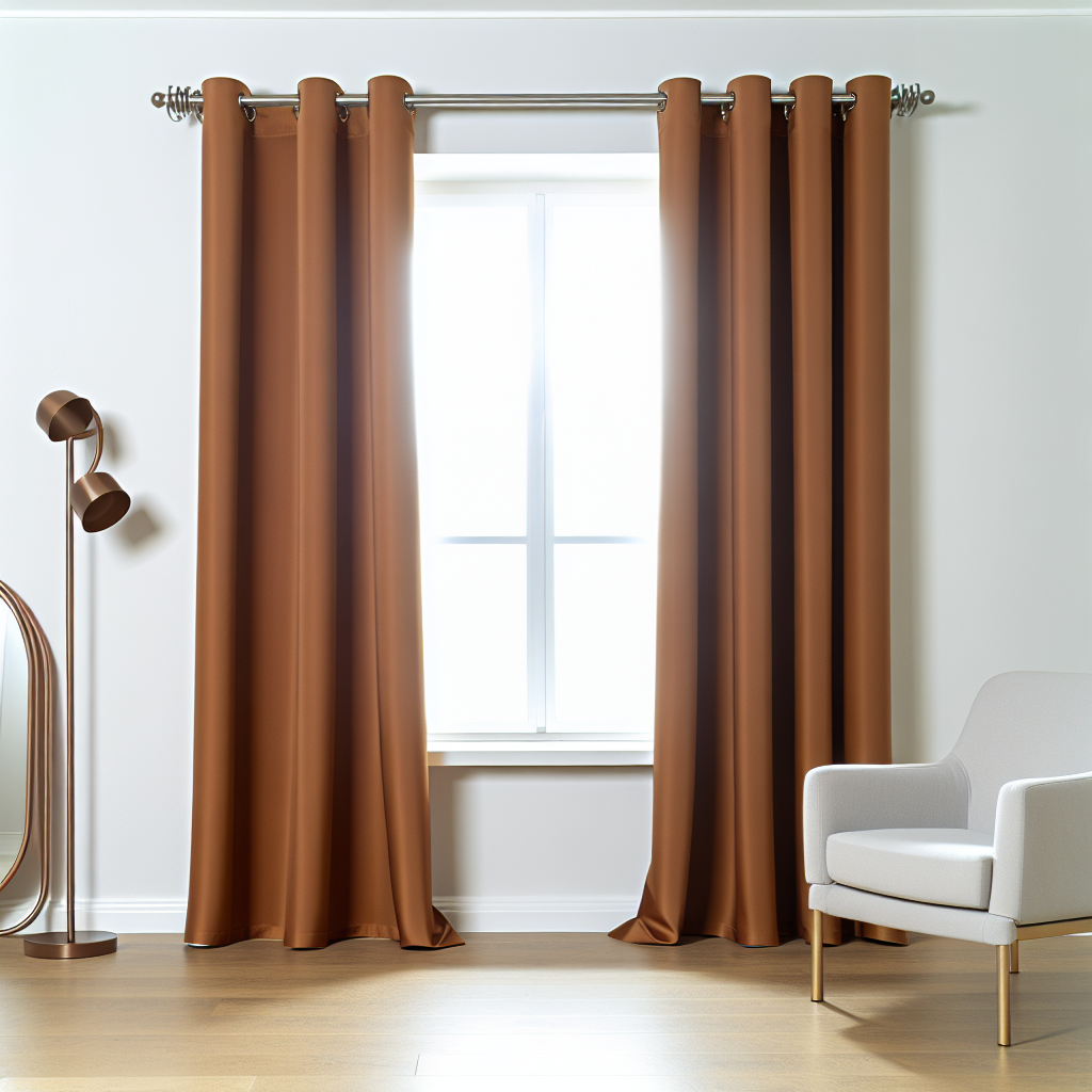 Rideau en tissu marron uni avec plis réguliers, tringle métallique argentée, dans un salon moderne avec fauteuil blanc et lampe cuivrée.