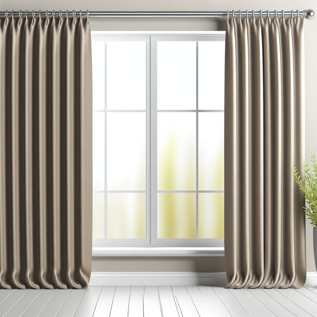 Rideau beige satiné avec plis réguliers, tringle métallique, dans une pièce lumineuse avec sol en bois clair et plante verte.