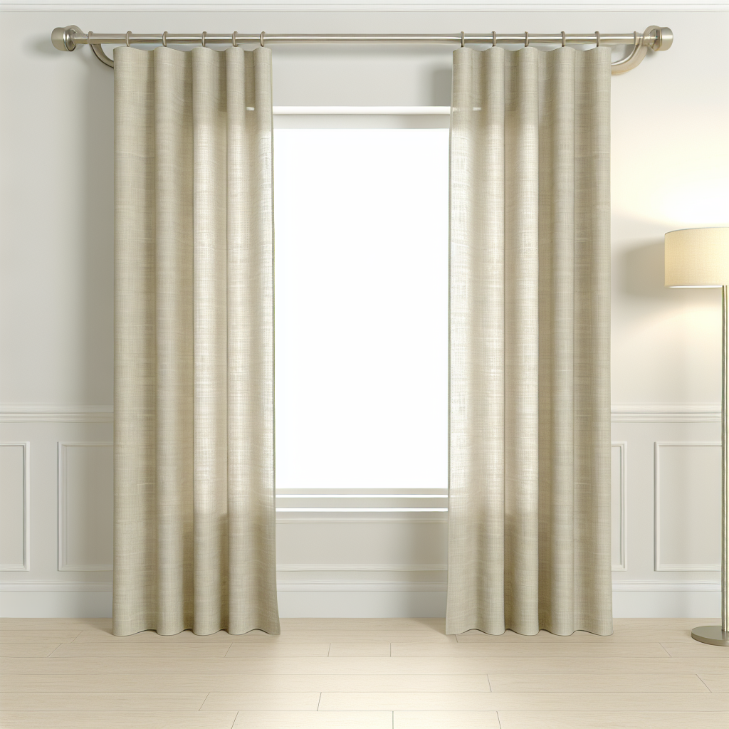 Rideau beige clair en tissu texturé avec plis réguliers, suspendu à une tringle métallique dans une pièce aux murs blancs et sol en bois ...