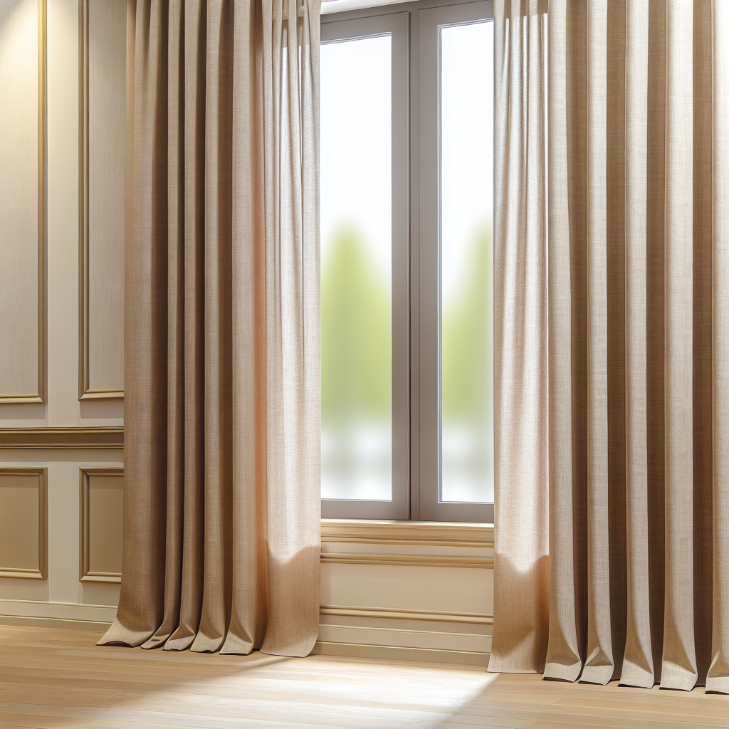 Rideau beige en tissu léger avec plis droits, suspendu à une tringle cachée dans un salon aux murs moulurés, lumière douce filtrant à tra...