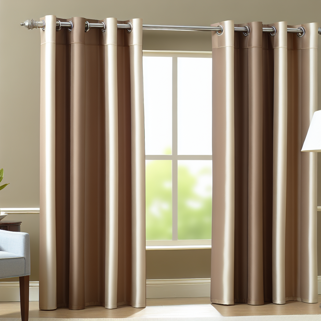 Rideau en tissu satiné marron et beige avec plis réguliers, suspendu à une tringle métallique dans un salon lumineux.