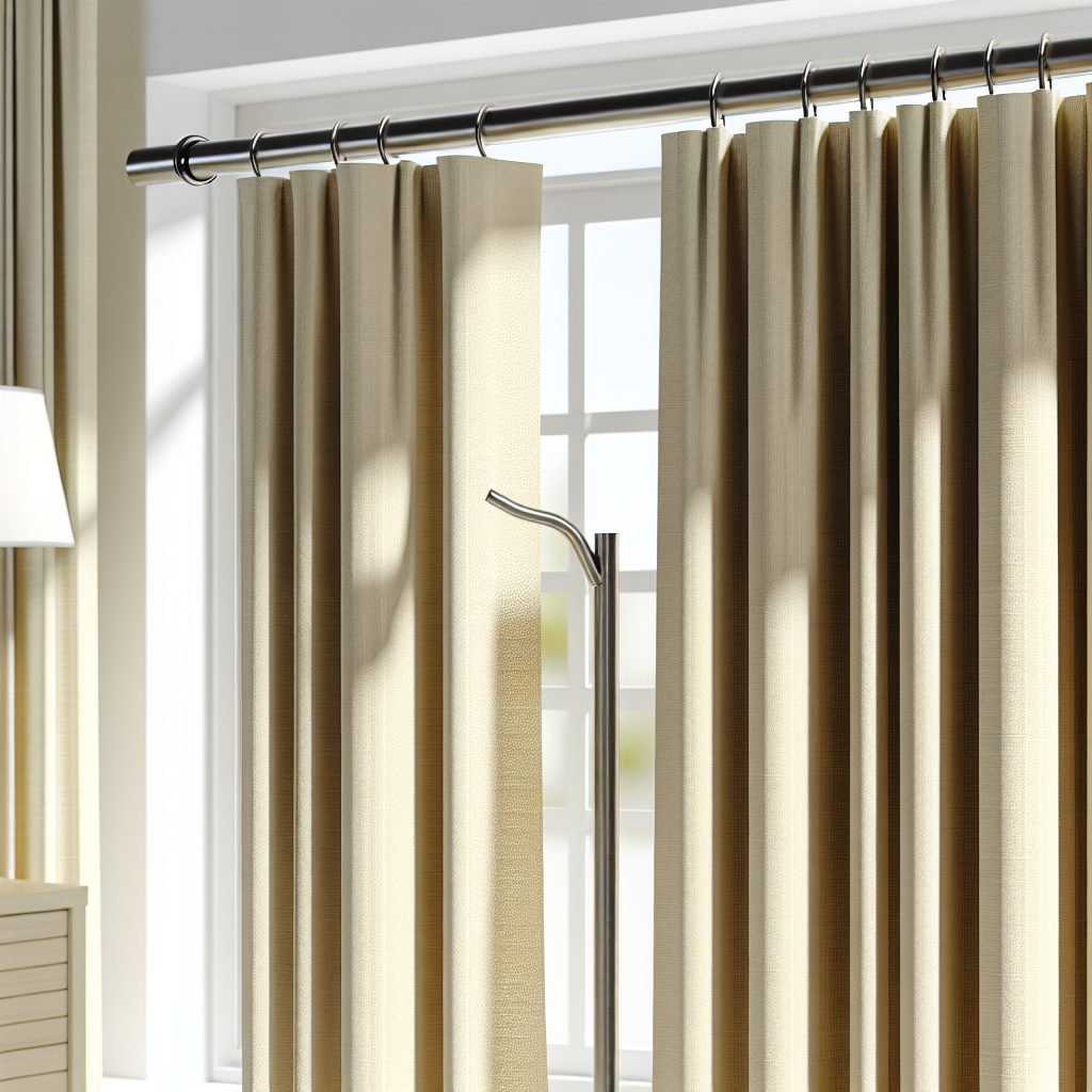 Rideau beige en tissu texturé avec plis réguliers, suspendu à une tringle métallique, éclairage naturel, lampe et meuble en bois clair.