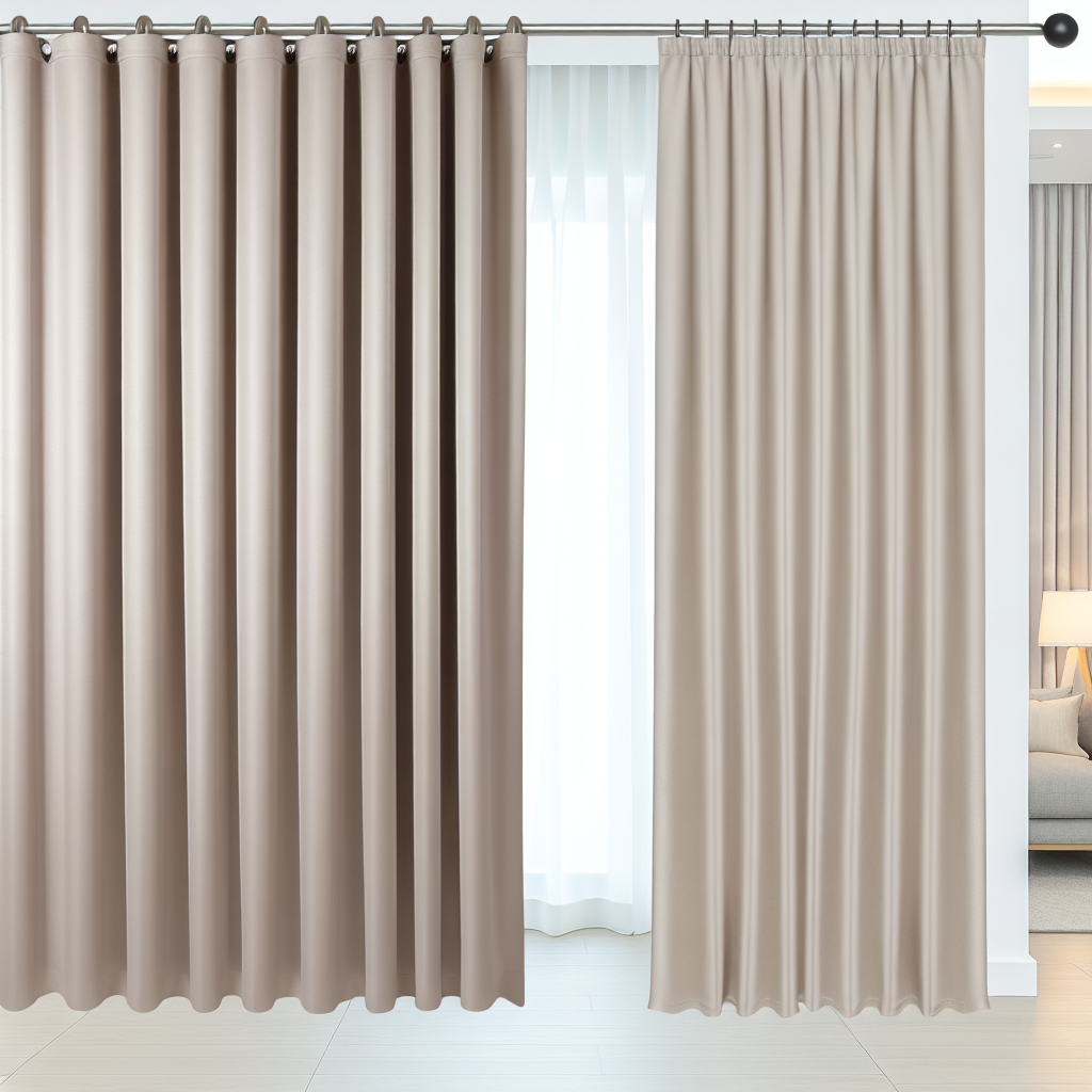 Rideau beige clair en tissu lisse avec plis réguliers, tringle métallique, dans un intérieur moderne avec sol clair et lampe visible.