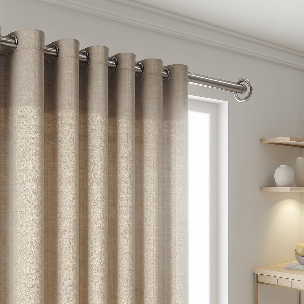 Rideau beige texturé avec plis ondulés, suspendu à une tringle métallique dans une pièce aux murs clairs avec étagères en bois.
