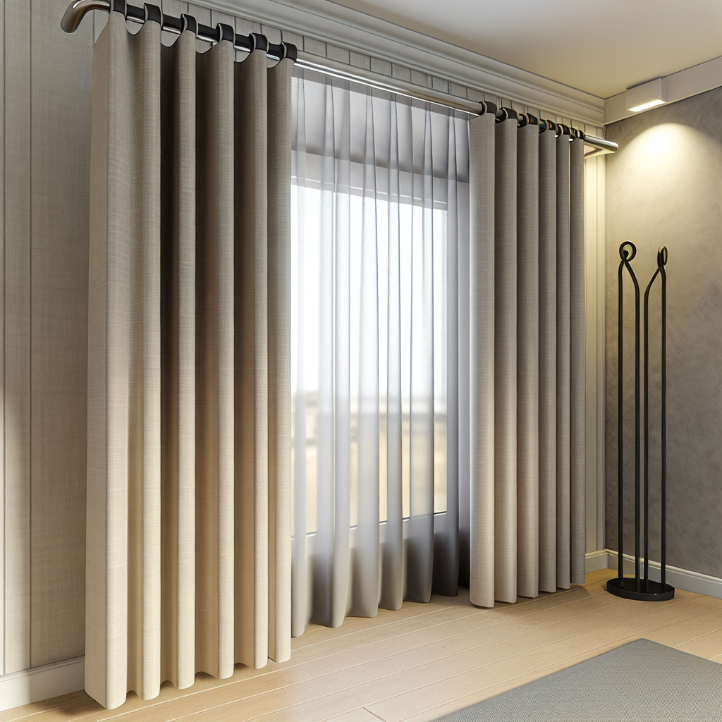 Rideau beige épais avec plis réguliers, tringle métallique, voilage blanc derrière, dans pièce aux murs gris et sol en bois clair.