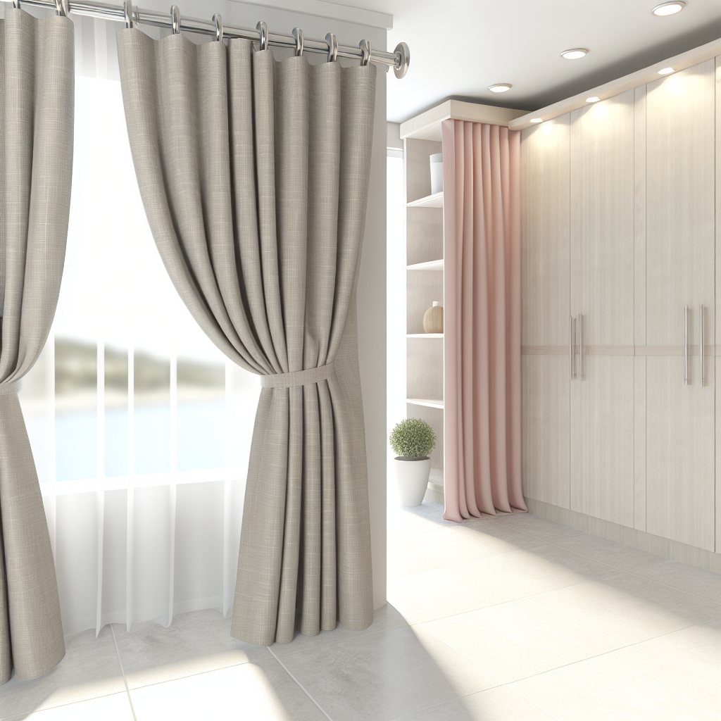 Rideau en tissu beige texturé avec plis marqués, tringle argentée, dans une pièce lumineuse avec placards en bois clair et plante en pot.