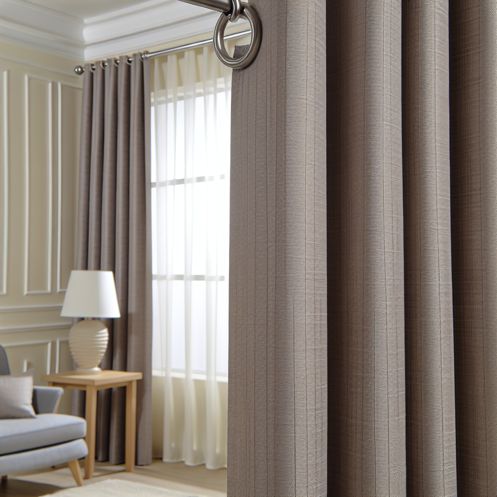 Rideau en tissu texturé beige avec plis réguliers, suspendu à une tringle métallique dans un salon aux murs crème, éclairage doux.