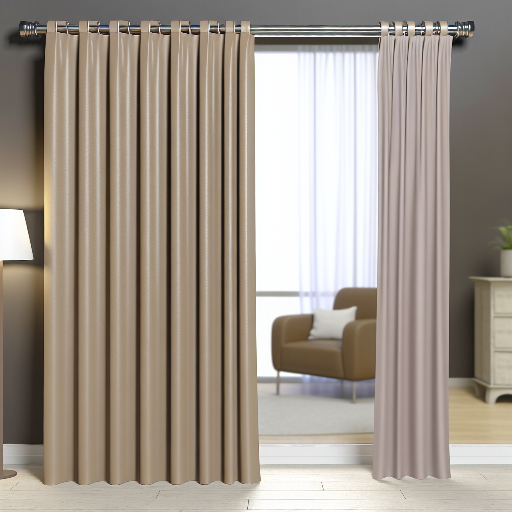 Rideau beige en tissu épais avec plis réguliers, tringle métallique, dans un salon moderne avec fauteuil marron et lampe blanche.