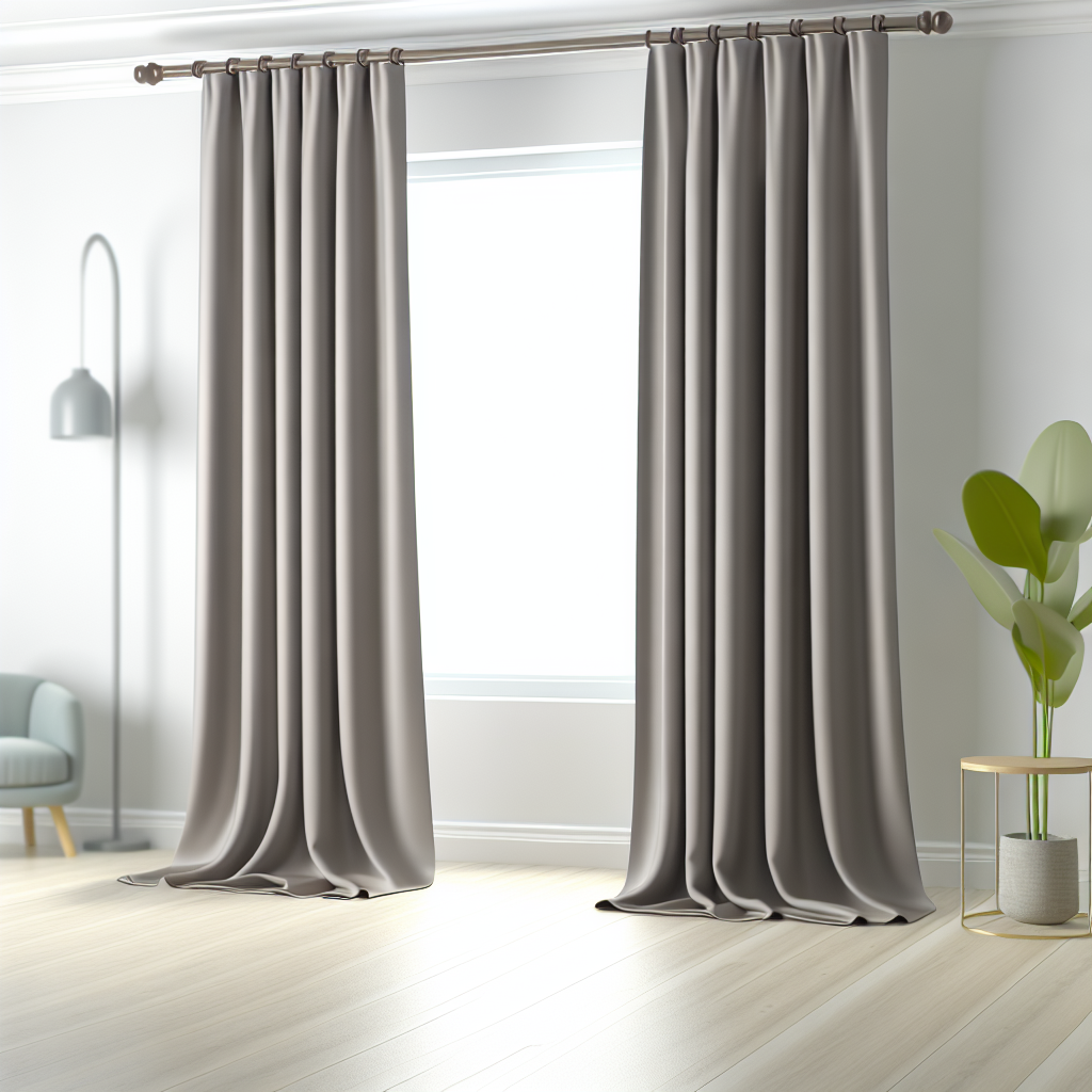 Rideau gris clair en tissu épais avec plis droits, tringle en bois foncé, dans un salon moderne avec sol en bois clair et plante verte.