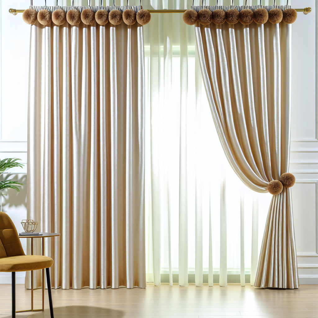 Rideau beige brillant avec pompons marron, plis réguliers, tringle dorée, dans un salon lumineux avec chaise moutarde et plante verte.