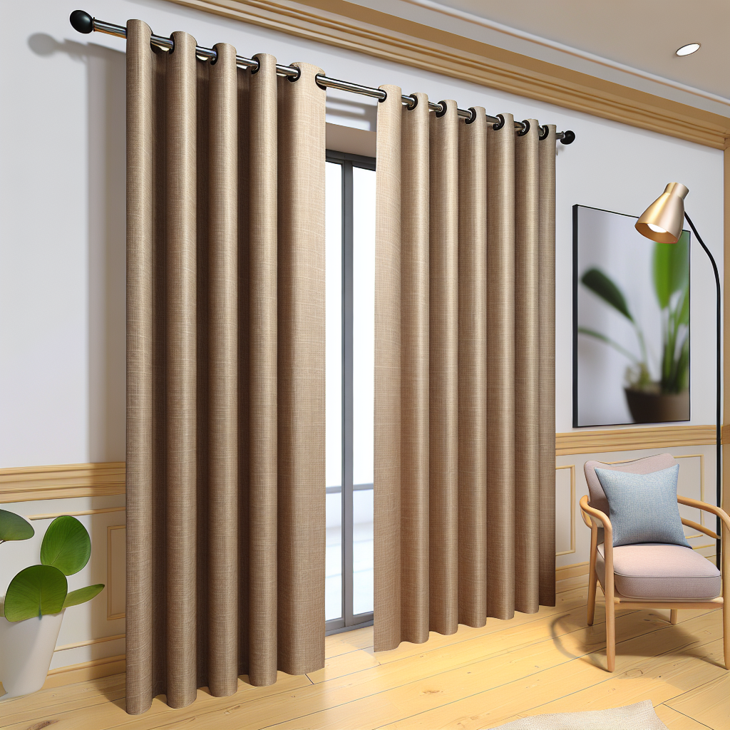 Rideau beige en tissu épais avec plis réguliers, suspendu à une tringle métallique noire dans un salon lumineux avec parquet clair.