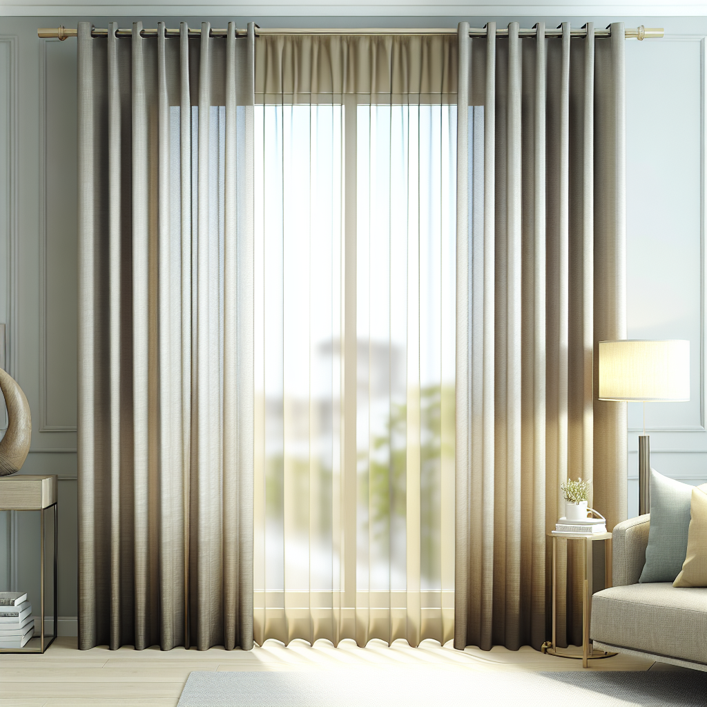 Rideau en tissu dégradé beige à plis réguliers, tringle dorée, lumière douce filtrant, dans un salon moderne avec lampe et canapé.