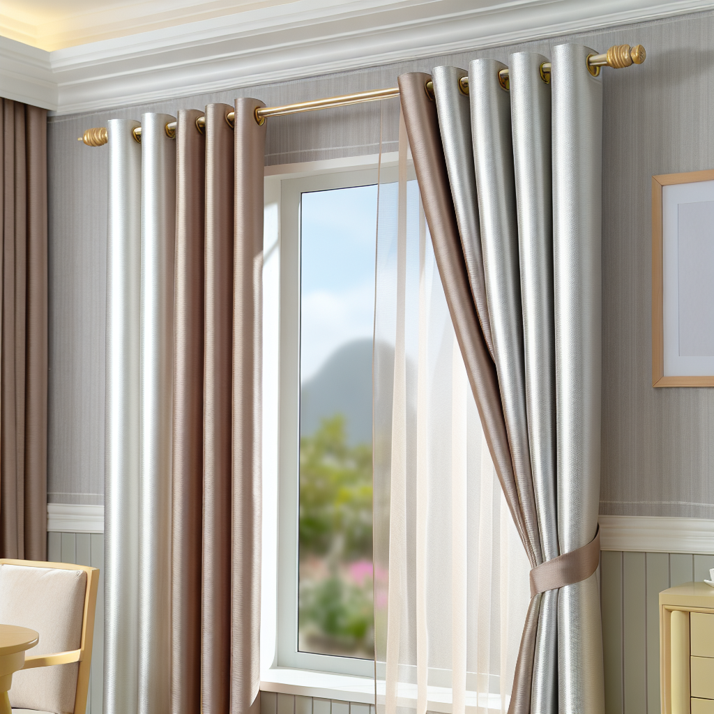 Rideau en tissu satiné beige et blanc avec plis réguliers, tringle dorée, dans une pièce aux murs gris clair, éclairage naturel doux.