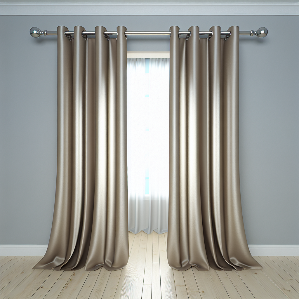 Rideau en satin beige brillant avec plis ondulés, suspendu à une tringle métallique dans une pièce aux murs gris et sol en bois clair.