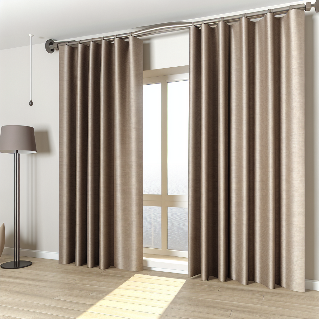 Rideau en tissu beige satiné avec plis réguliers, suspendu à une tringle métallique dans un salon moderne avec sol en bois clair.