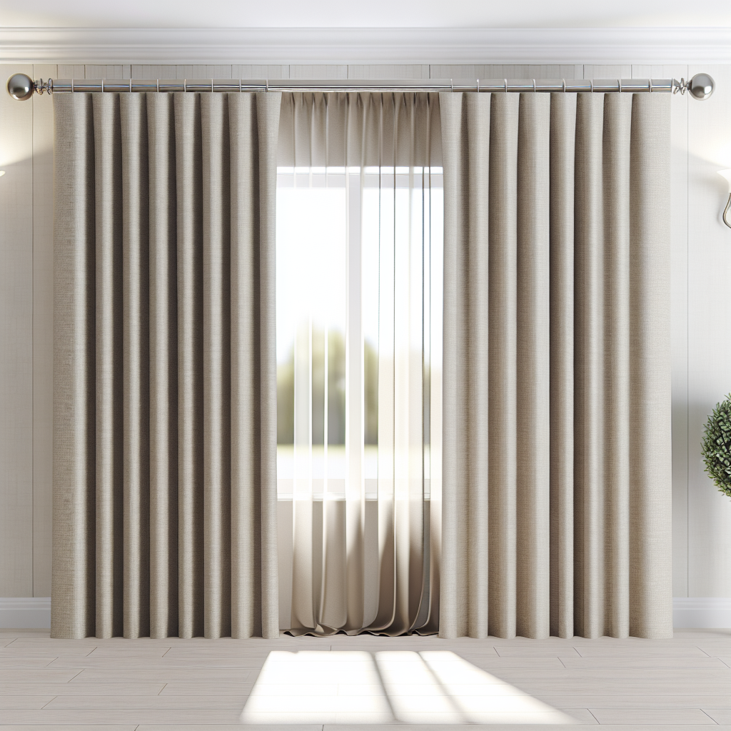 Rideau beige épais avec plis réguliers, tringle métallique argentée, lumière naturelle filtrant, dans pièce aux murs clairs et sol en bois.