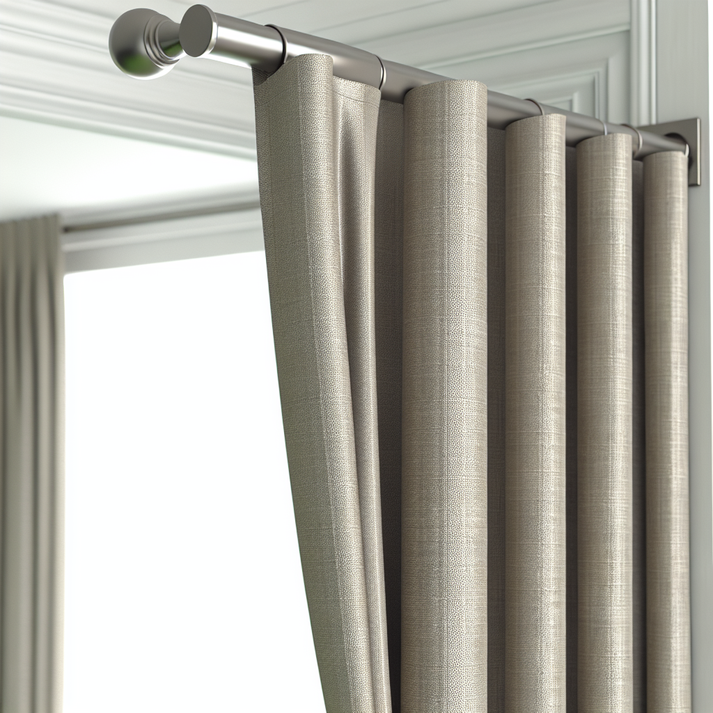 Rideau en tissu beige texturé avec plis réguliers, suspendu à une tringle métallique argentée dans un intérieur lumineux aux murs blancs.