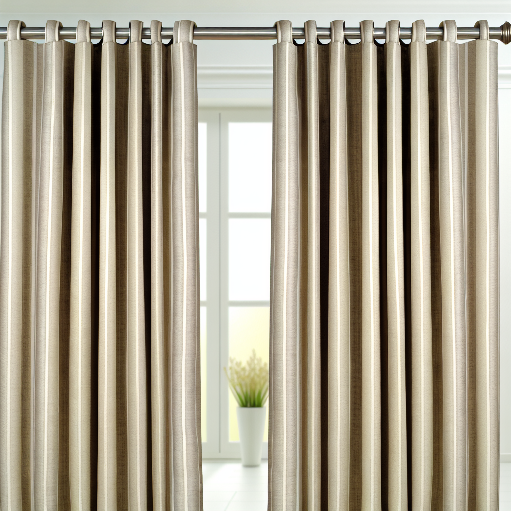 Rideau à rayures verticales beige et marron, tissu satiné, plis réguliers, tringle métallique, devant fenêtre avec plante en pot.
