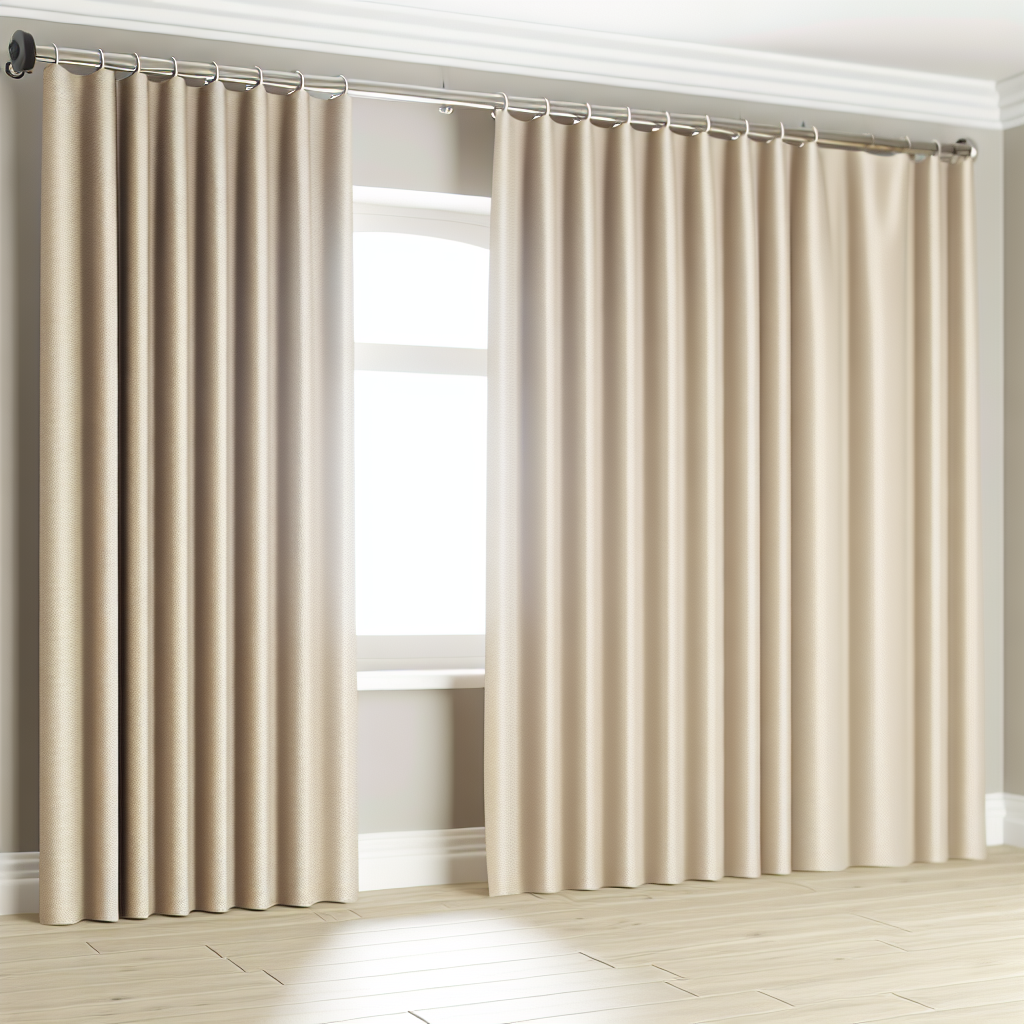 Rideau beige uni en tissu épais avec plis réguliers, suspendu à une tringle métallique dans une pièce aux murs et sol clairs.