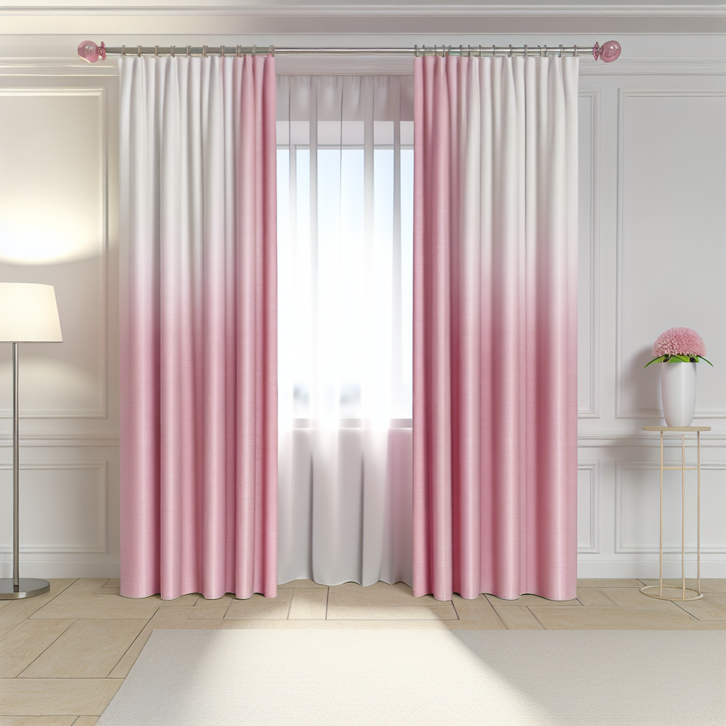 Rideau dégradé rose et blanc, plis réguliers, tringle argentée, dans un salon lumineux avec murs blancs et lampe sur pied.