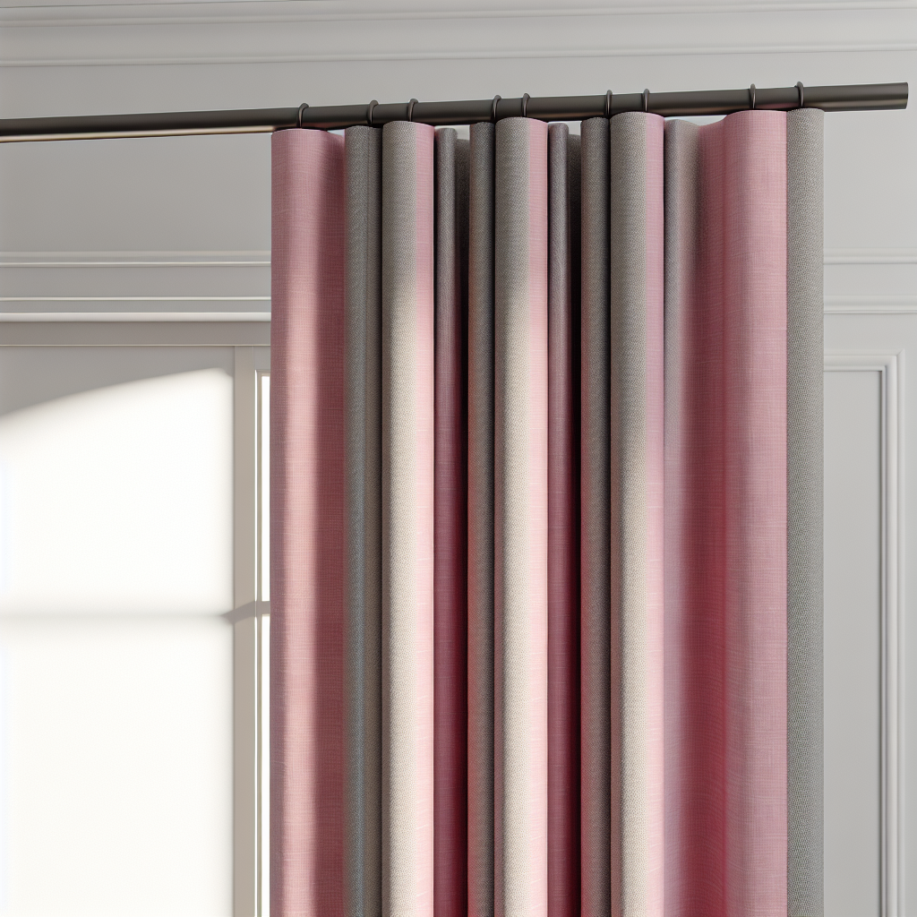 Rideau en tissu rose et gris avec plis ondulés, suspendu à une tringle noire dans une pièce aux murs blancs, éclairage naturel doux.