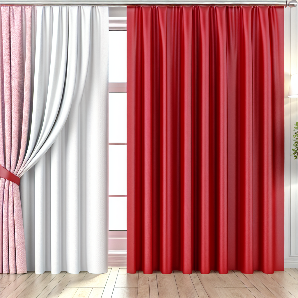Rideau rouge uni à plis droits, tringle métallique, sol en bois clair, mur blanc, lumière naturelle filtrant par la fenêtre.