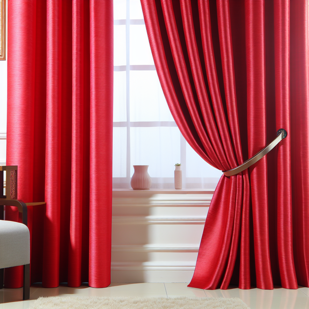 Rideau rouge vif en tissu satiné avec plis élégants, attaché par une embrasse, devant une fenêtre blanche dans un salon lumineux.