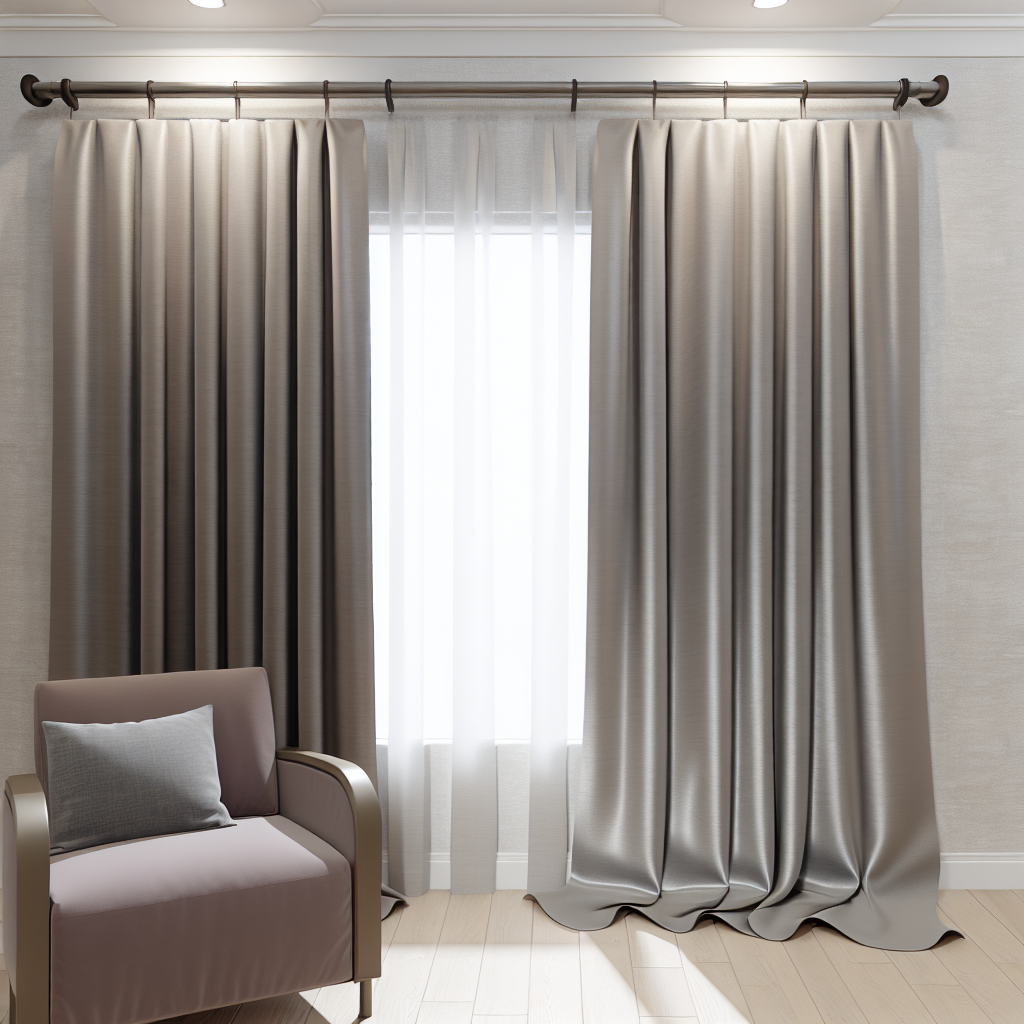 Rideau en tissu satiné gris clair avec plis ondulés, tringle métallique sombre, dans un salon moderne avec fauteuil beige et parquet clair.