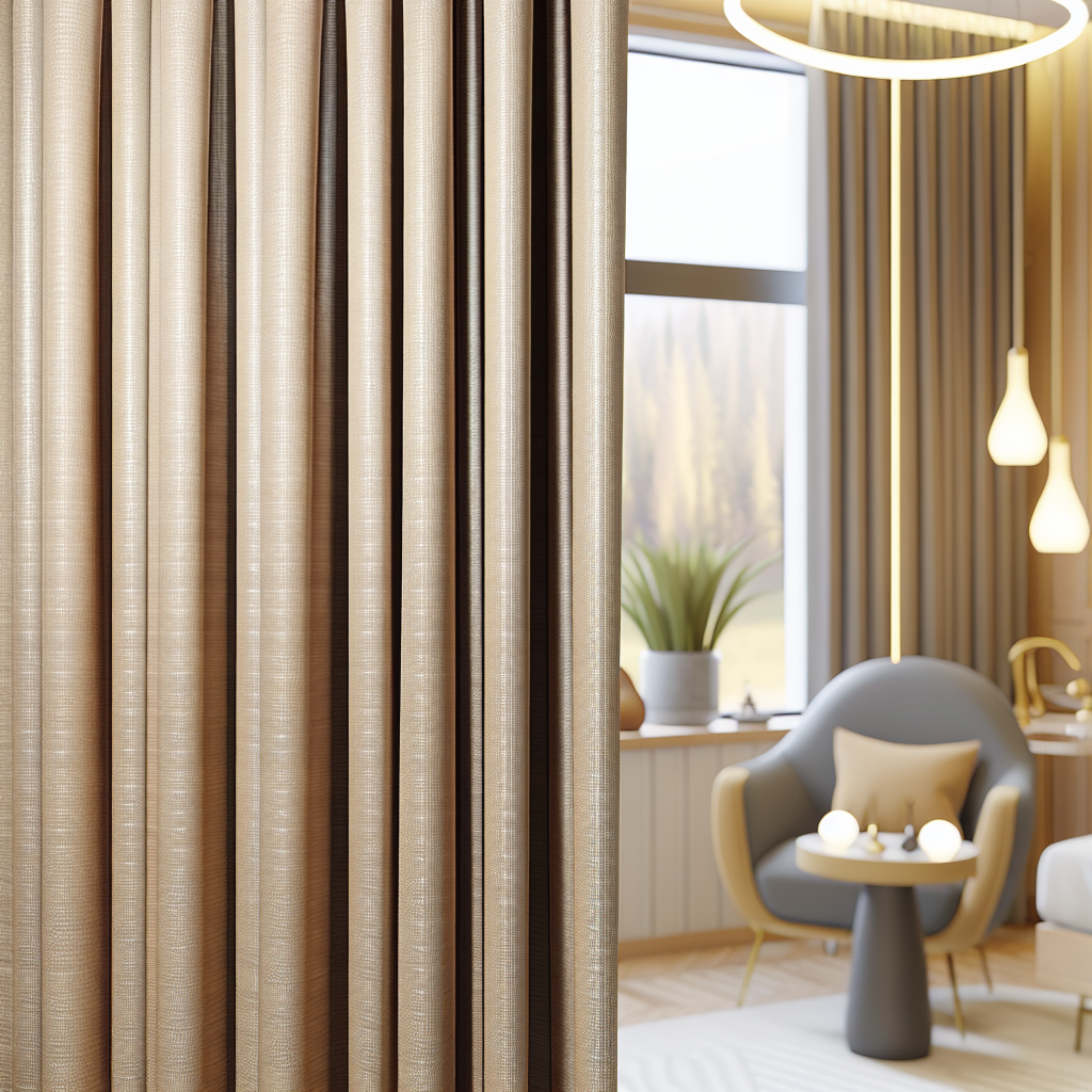 Rideau beige texturé avec plis réguliers, suspendu dans un salon moderne avec fauteuil gris, éclairage doux et plantes en arrière-plan.