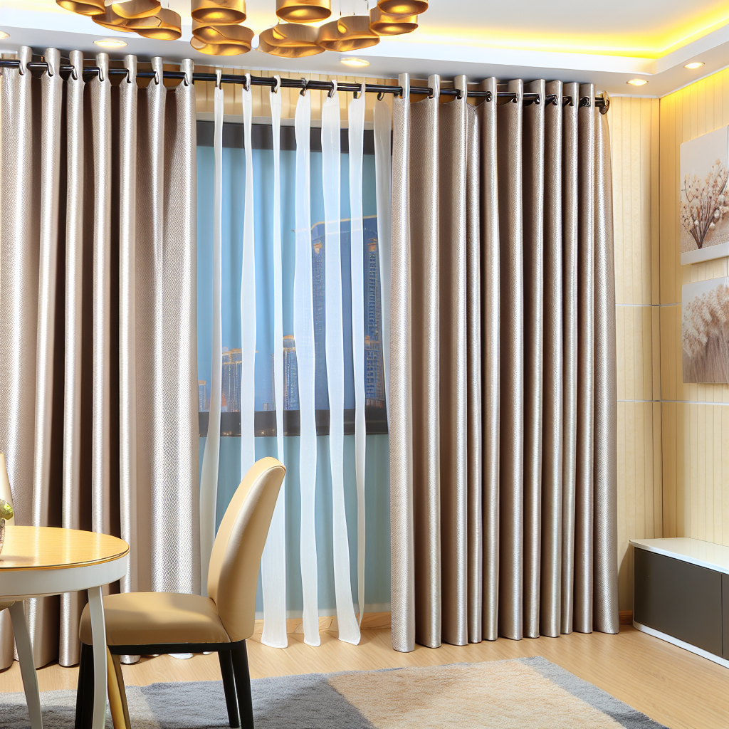 Rideau beige épais avec plis réguliers et voilage blanc, tringle noire, dans un salon moderne avec éclairage chaleureux et sol en bois.