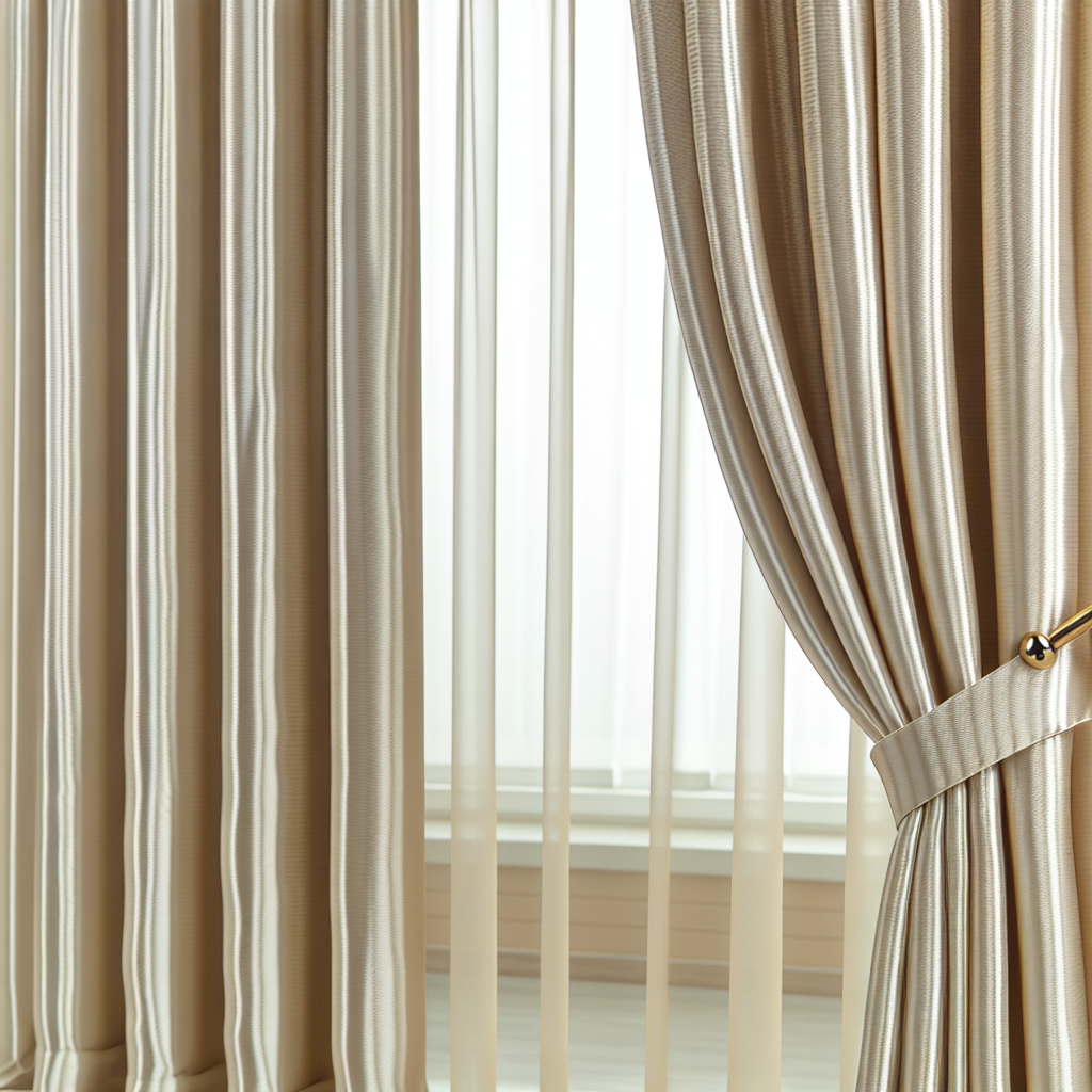 Rideau en tissu beige brillant avec plis marqués, attaché par une embrasse dorée, devant une fenêtre avec voilage blanc translucide.