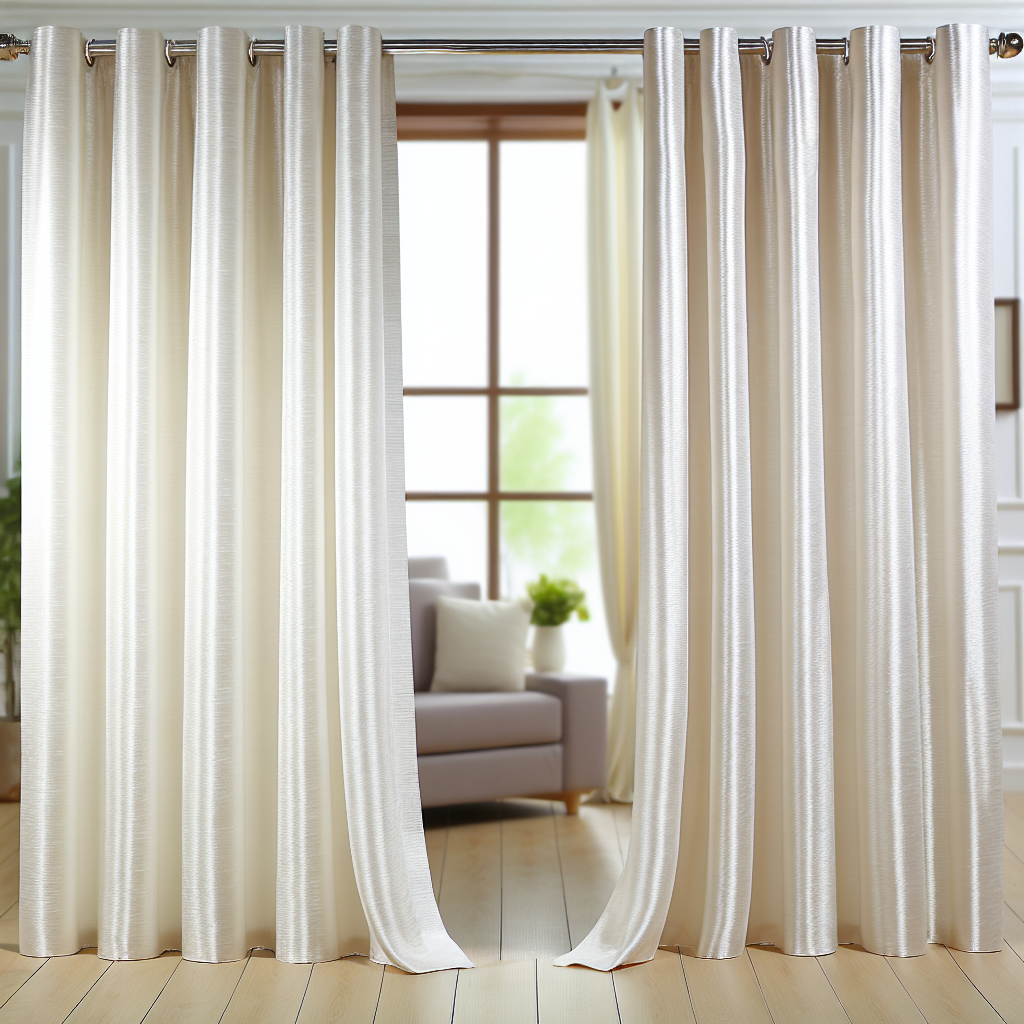 Rideau en tissu beige clair avec texture subtile, plis droits, tringle métallique, dans un salon lumineux avec canapé gris et plante.