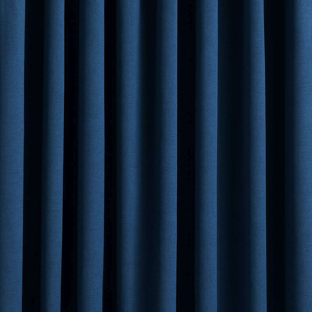 Rideau de salon bleu foncé avec plis élégants et tissu texturé, capturant la lumière de façon raffinée pour un rendu chic et chaleureux.