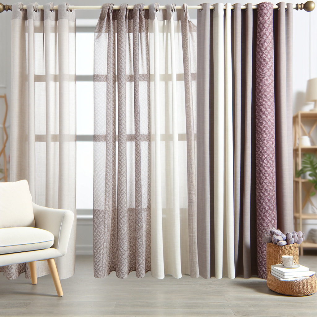 Rideau en tissu beige et violet avec motifs géométriques, plis souples, tringle dorée, dans un salon lumineux avec fauteuil et panier.