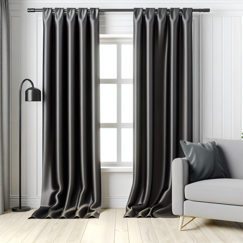 Rideau en tissu noir brillant avec plis réguliers, suspendu à une tringle noire dans un salon moderne aux murs blancs et sol en bois clair.