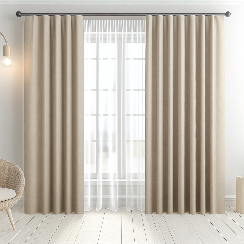 Rideau beige épais avec plis réguliers, tringle noire, voilage blanc derrière, dans une pièce lumineuse aux murs blancs et sol clair.