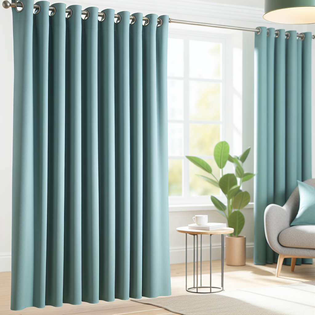 Rideau bleu clair uni en tissu épais avec plis réguliers, suspendu à une tringle métallique dans un salon lumineux avec plante et fauteuil.