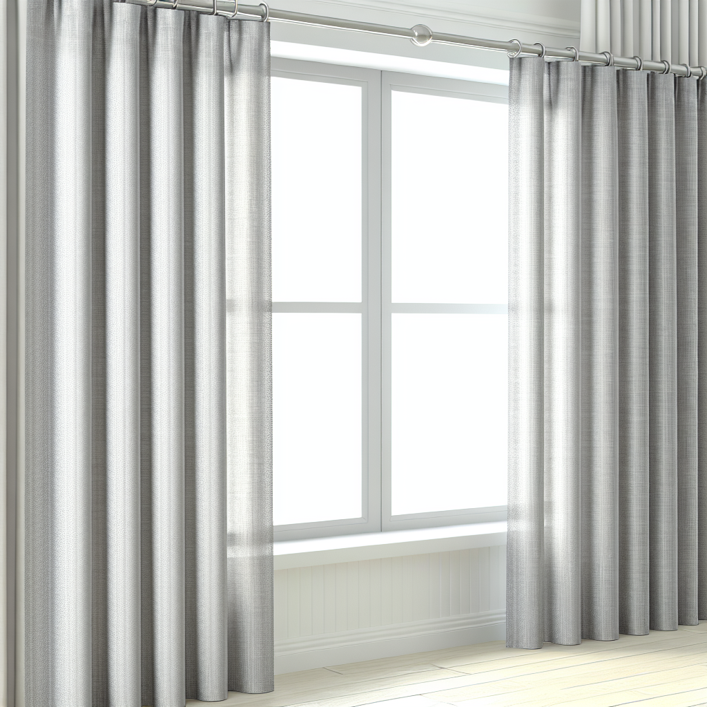 Rideau gris clair en tissu semi-transparent avec plis réguliers, suspendu à une tringle métallique dans une pièce lumineuse.