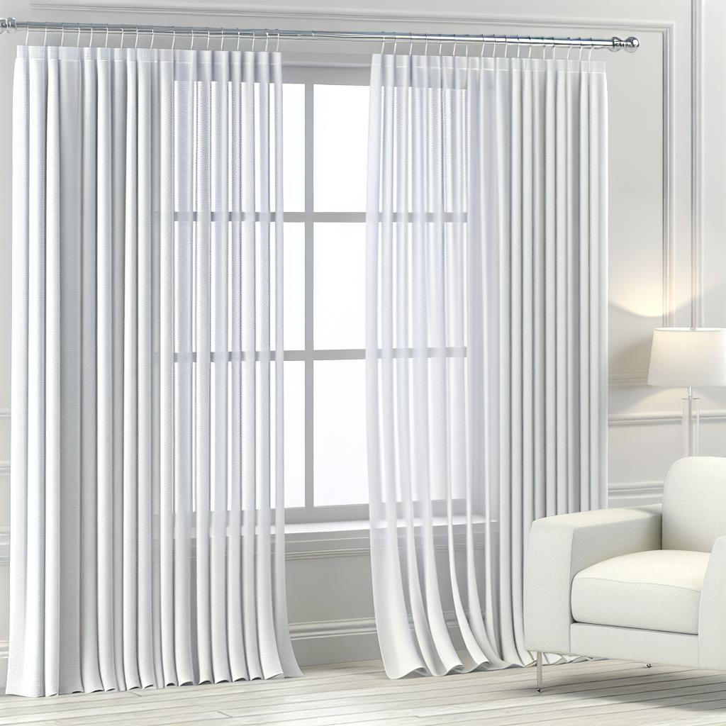 Rideau blanc en tissu léger avec plis réguliers, suspendu à une tringle métallique dans un salon lumineux aux murs et meubles blancs.
