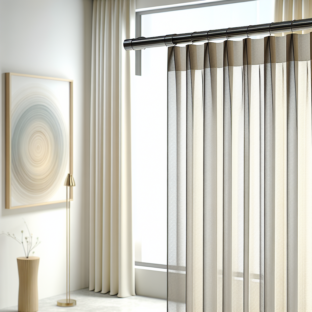 Rideau en voile beige transparent avec plis réguliers, tringle métallique, dans un salon moderne avec tableau abstrait et lampe dorée.