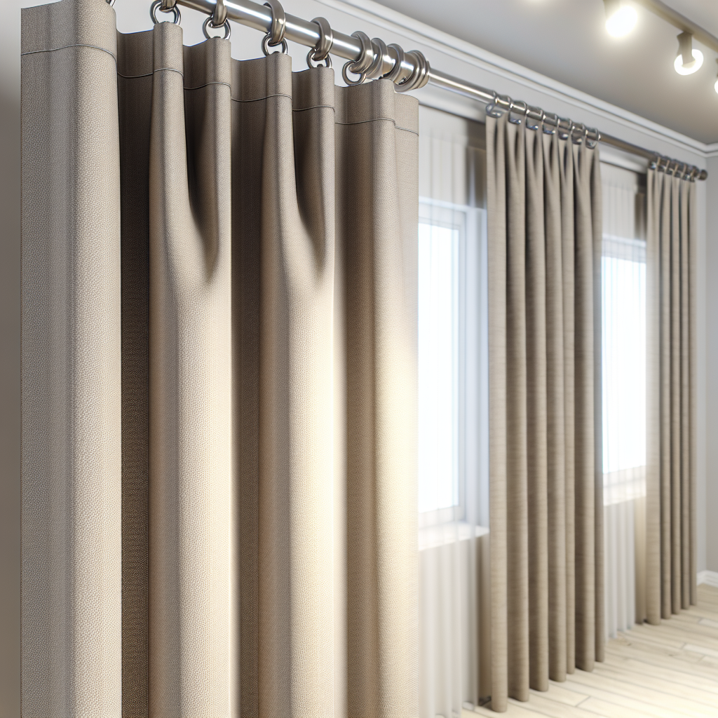 Rideau beige texturé avec plis réguliers, suspendu à une tringle métallique dans une pièce lumineuse avec parquet clair et murs blancs.