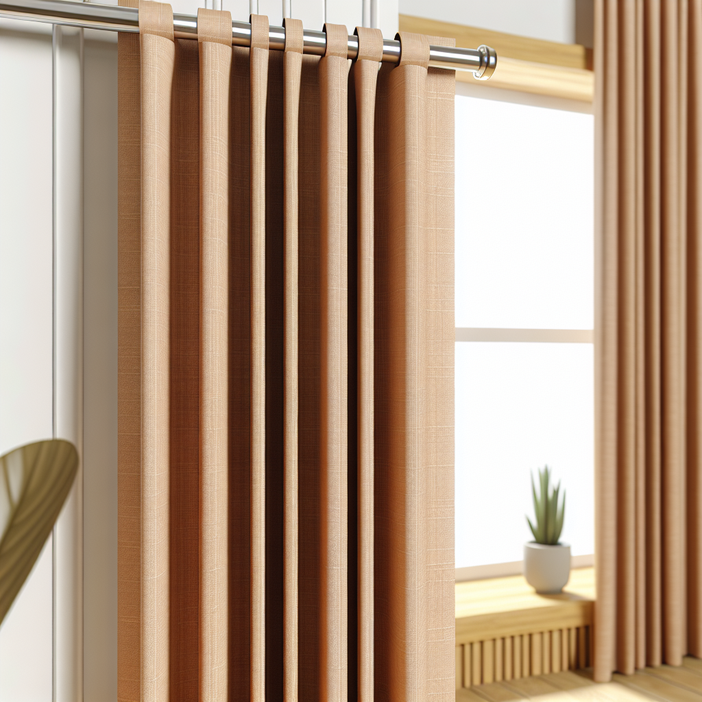 Rideau en tissu beige texturé avec plis réguliers, suspendu à une tringle métallique dans une pièce lumineuse avec plante en pot.