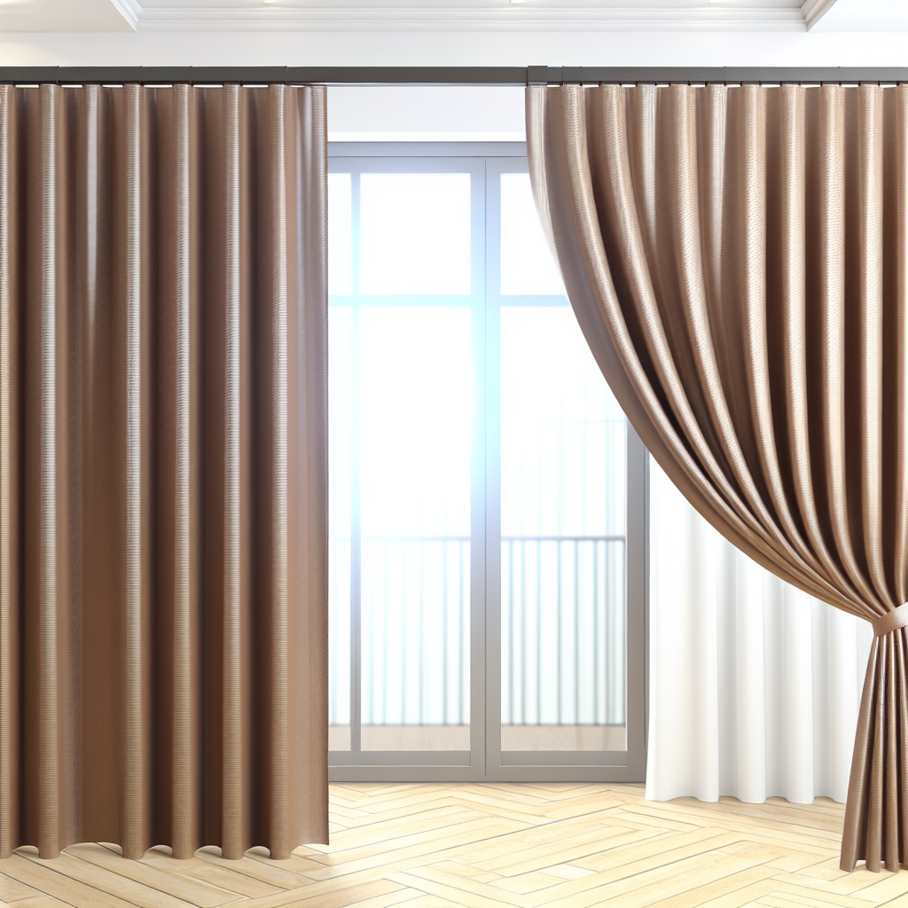 Rideau en tissu marron brillant avec plis ondulés, tringle noire, dans une pièce lumineuse avec parquet clair et fenêtre vitrée.