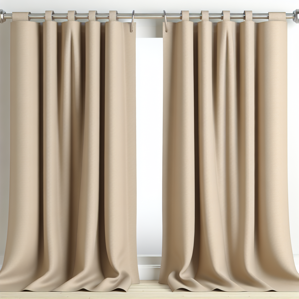 Rideau beige uni en tissu épais avec plis réguliers, suspendu à une tringle métallique dans une pièce aux murs blancs.