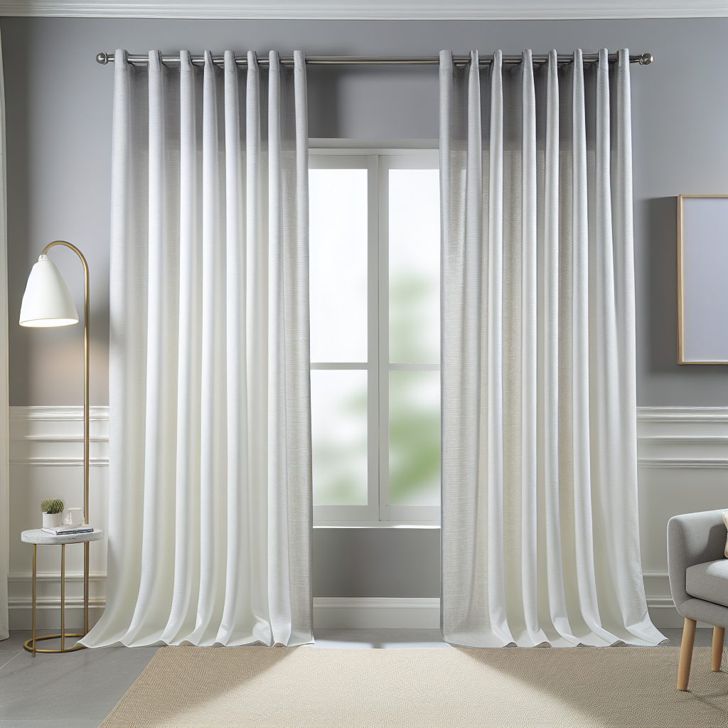 Rideau blanc avec texture légère, plis réguliers, tringle métallique, dans un salon gris avec lampe et table basse, lumière douce filtrée.